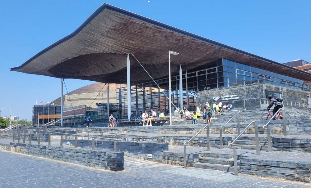 Front of Senedd Cymru Welsh Parliament building.